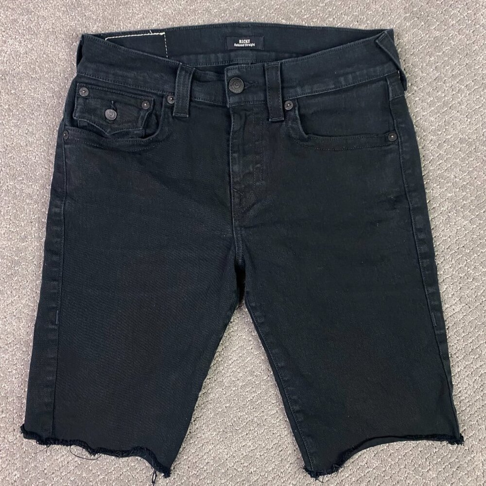 True Religion Ricky Relaxed Straight Jean Shorts Men's 32 Black Flap Raw Hem